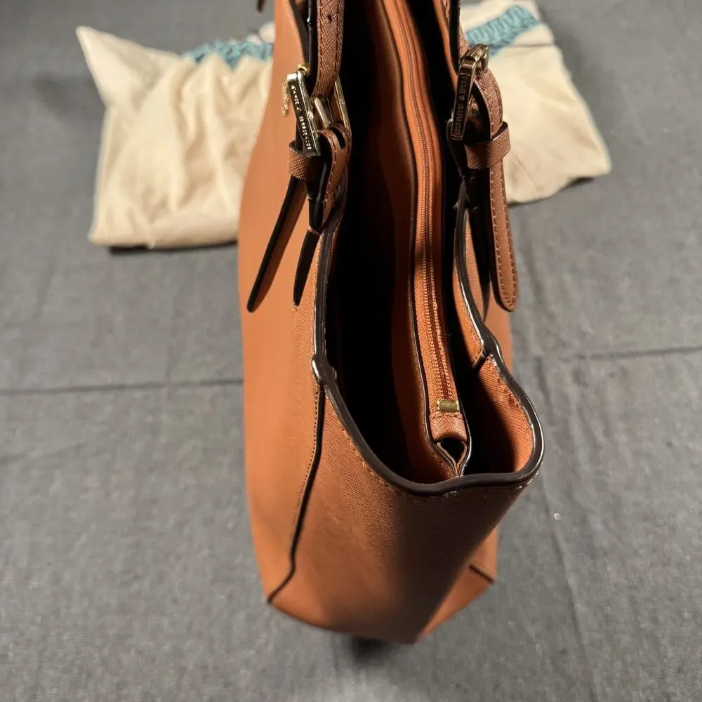 Tory Burch Large York Gold Buckle Saffiano Tan Cognac Leather Tote Bag READ